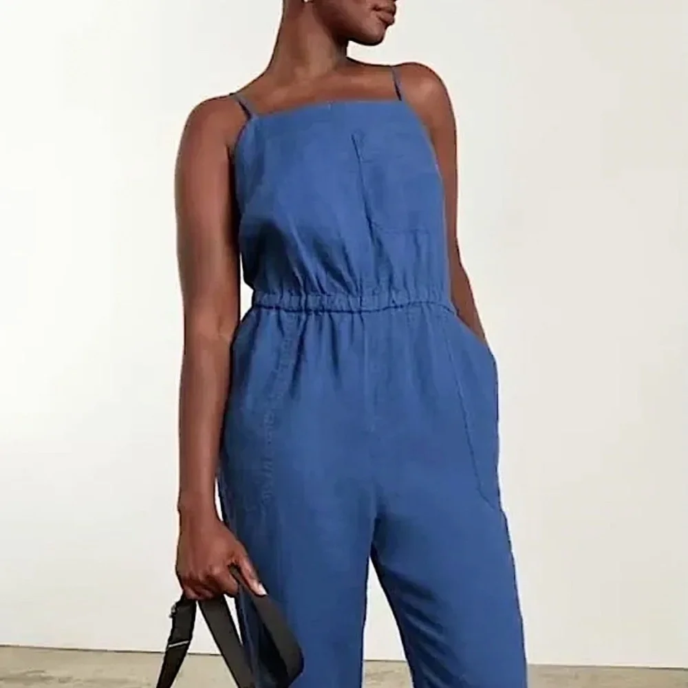 EVERLANE The Linen Shoestring Jumpsuit Lapis Blue